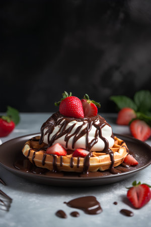 Belgian waffles with strawberries and chocolate sauce on a dark backgroundの素材