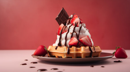 Belgian waffles with strawberries and chocolate on a red background.の素材
