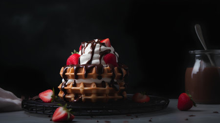 Belgian waffles with strawberries and chocolate on a black background.の素材