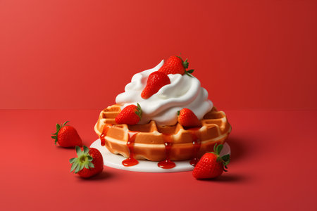 Waffles with strawberries and whipped cream on a red background. 3d illustrationの素材