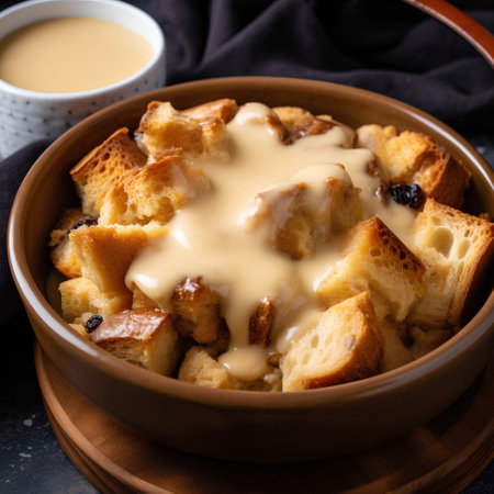 Bowl of raisin bread pudding with condensed milk on dark backgroundの素材