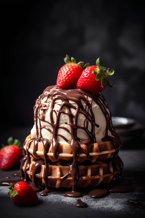 Belgian waffles with strawberries and chocolate on a black background.の素材