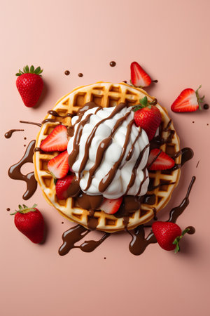 Waffles with strawberries and chocolate sauce on pink background, top viewの素材