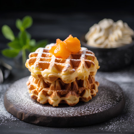 Traditional belgian waffles with apricot jam on dark backgroundの素材
