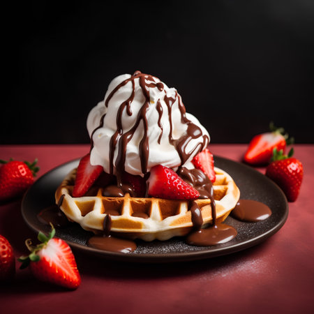 Belgian waffles with strawberries and whipped cream on a dark backgroundの素材