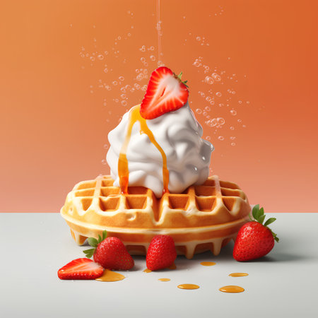 Strawberry waffle with whipped cream and strawberry slices on orange backgroundの素材
