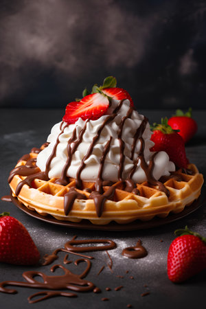 Waffles with whipped cream, strawberries and chocolate on a dark backgroundの素材