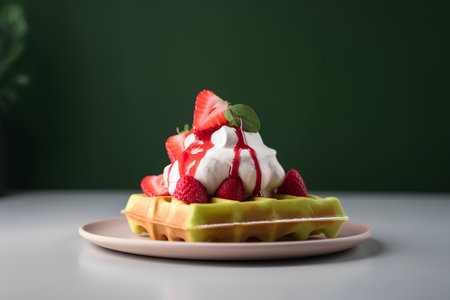Waffle with strawberries and whipped cream on a white table, green backgroundの素材