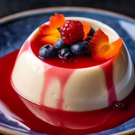 Panna cotta with fresh berries on dark background, closeupの素材