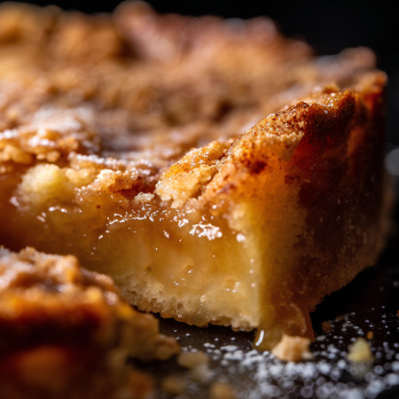 close up of a piece of homemade apple pie on a black backgroundの素材