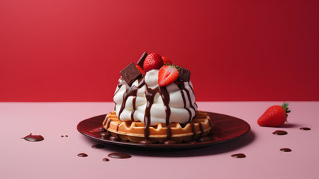 Belgian waffles with strawberries and chocolate on a red background.の素材