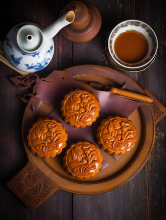 Moon cakes for Mid-Autumn Festival on dark wooden background.の素材