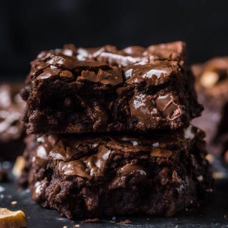 Stack of chocolate brownies on dark background. Selective focus.の素材