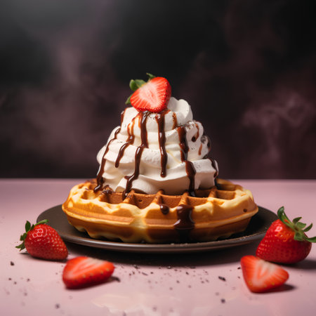 Belgian waffles with whipped cream and strawberries on a pink backgroundの素材