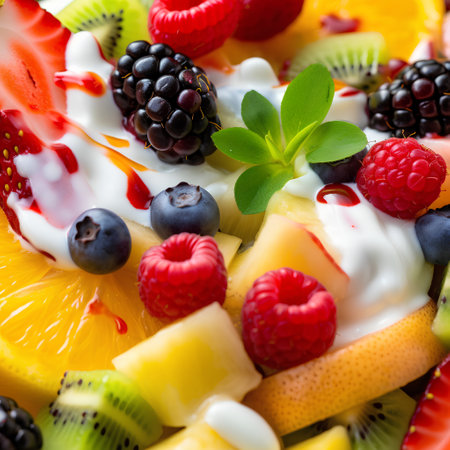 Fruit salad with yogurt and berries, close-up, selective focus.の素材