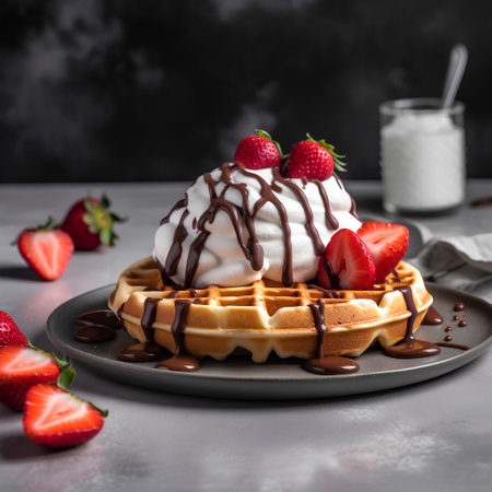 Belgian waffles with strawberries and chocolate on a gray background.の素材