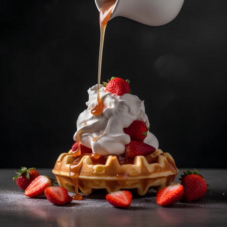 Belgian waffles with fresh strawberries and whipped cream on black backgroundの素材