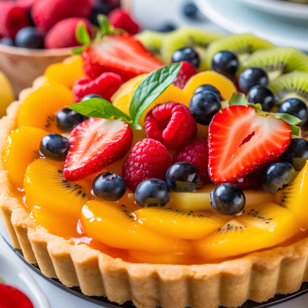 Fruit tart with strawberries, raspberries, blueberries and kiwiの素材