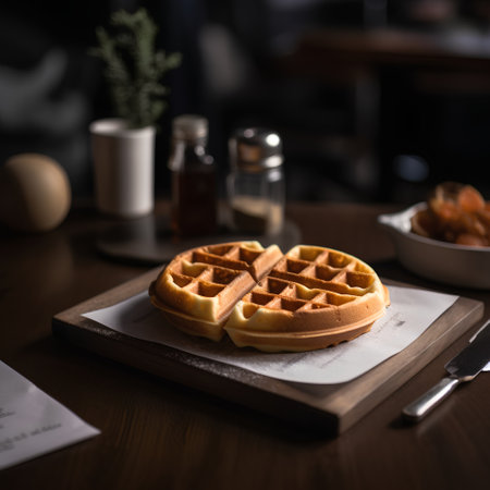 Delicious belgian waffles with raisins on wooden tableの素材