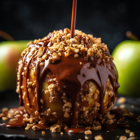 Caramelized apple with nuts and caramel on a black background.の素材
