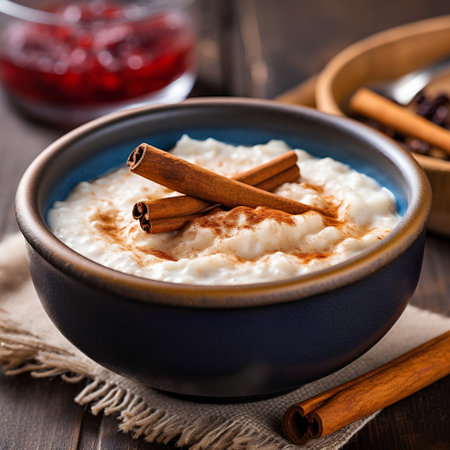 Rice pudding with cinnamon in a bowl on a wooden background. Selective focus.の素材