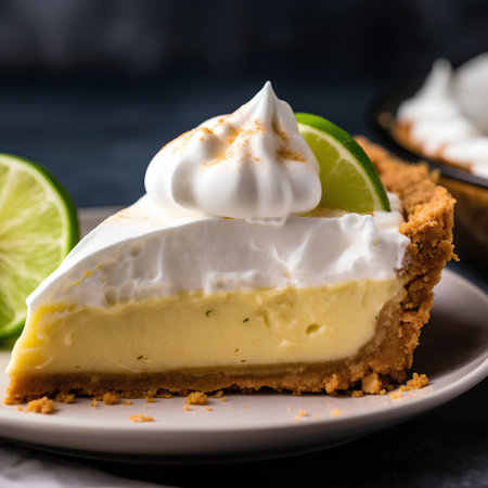Lemon cheesecake with whipped cream and lime slices. Selective focus.の素材