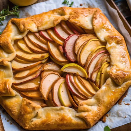 Homemade apple galette with fresh apples and thyme on baking paperの素材