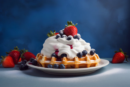 Belgian waffles with fresh berries and whipped cream on blue backgroundの素材