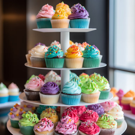 Colorful cupcakes on a shelf in a shop. Selective focus.の素材