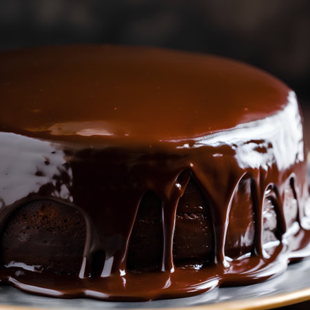 Chocolate cake with caramel glaze on dark background. Selective focusの素材
