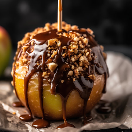 Caramelized apple with nuts and caramel on a dark background.の素材