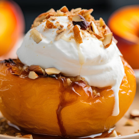 Baked apple with ice cream and nuts. Selective focus.の素材