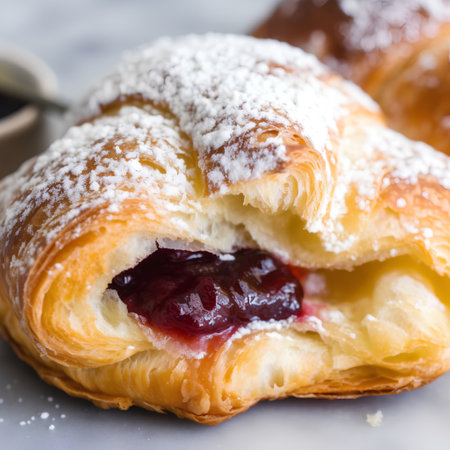 Freshly baked croissant with cherry jam and cup of coffeeの素材
