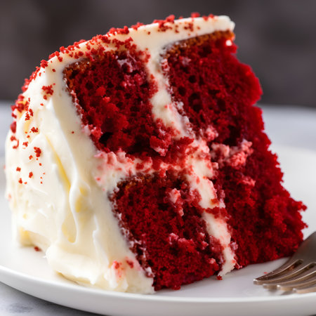 Red velvet cake with cream cheese frosting on a white plate.の素材