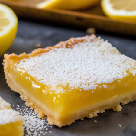 Lemon tart with icing sugar on a black background. Selective focus.の素材