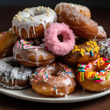 assorted donuts with chocolate, pink glazed and sprinklesの素材