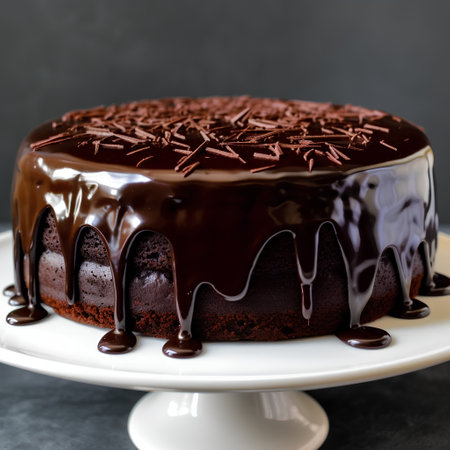 Chocolate cake with chocolate glaze on a dark background, selective focus.の素材