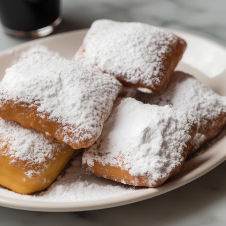 Close up of a plate with sugar-covered donutsle backgroundの素材