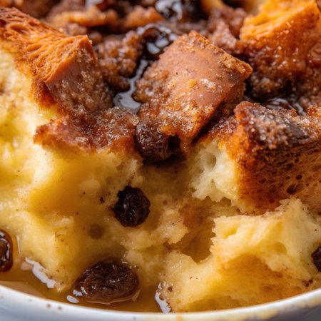 Curd pudding with raisins, close-up, selective focus.の素材