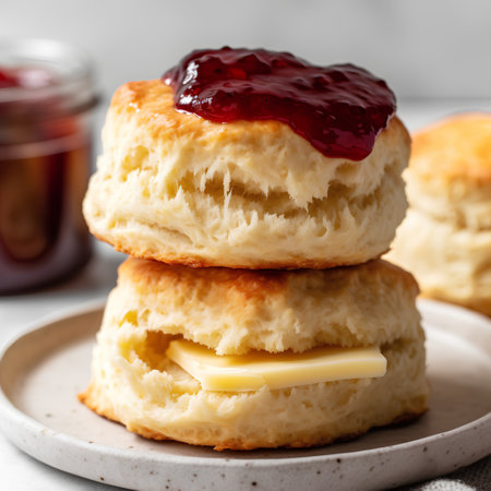 Scones with butter and strawberry jam on a plate, squareの素材