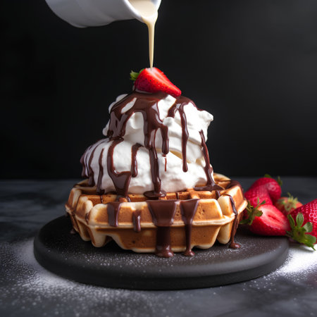 Belgian waffles with ice cream and strawberries on a black backgroundの素材