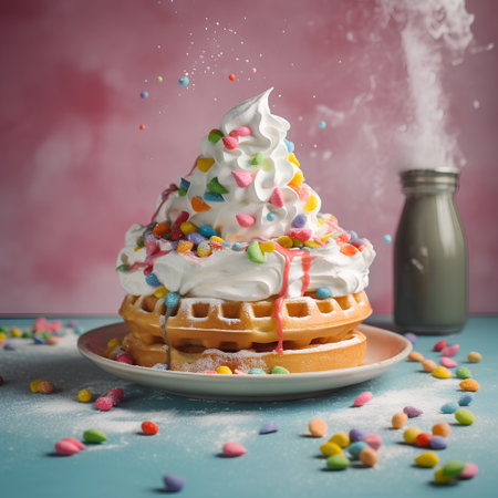 Belgian waffles with whipped cream and colorful candies on blue backgroundの素材