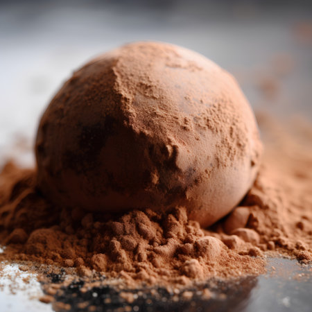 Chocolate truffles with cocoa powder on a dark background. Selective focus.の素材