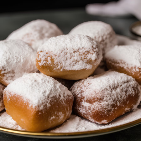 Homemade donuts sprinkled with powdered sugar on a plate, selective focus.の素材