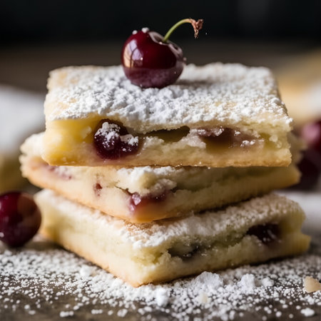 Closeup of a stack of cherry strudel with powdered sugarの素材