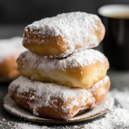 Closeup of three donuts sprinkled with powdered sugar on a plateの素材