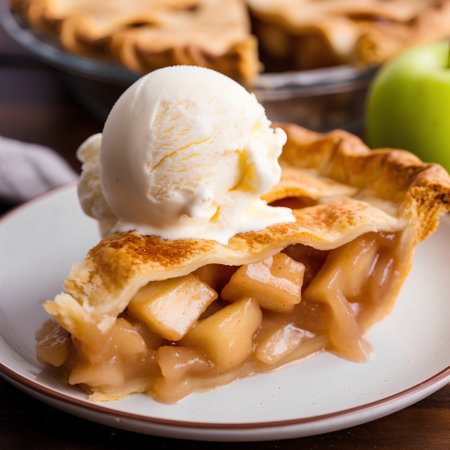 Apple pie with ice cream on wooden background. Selective focus.の素材
