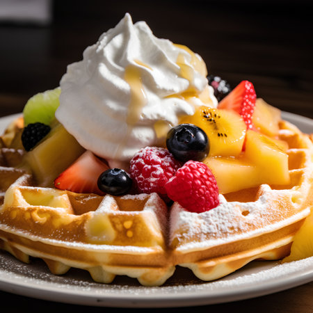 Belgian waffles with fresh fruits and whipped cream on wooden backgroundの素材