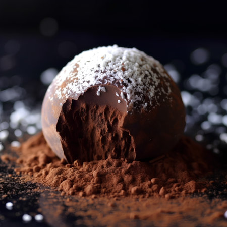 Chocolate truffle with cocoa powder on a black background. Selective focus.の素材