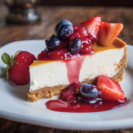 Cheesecake with fresh berries on a white plate. Selective focus.の素材